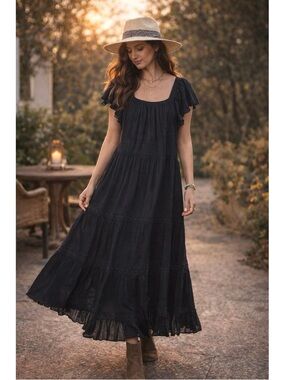NWT Sundance Greer Black Swiss Dot Embroidered Maxi Dress